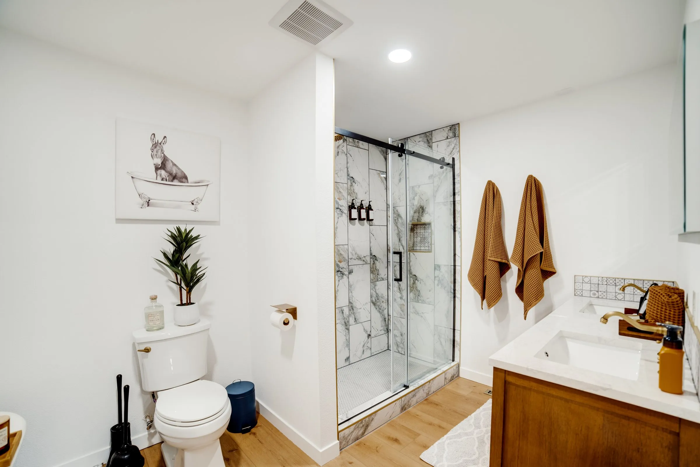 Bathroom with marble walk-in shower, wood vanity and donkey-in-a-bathtub art